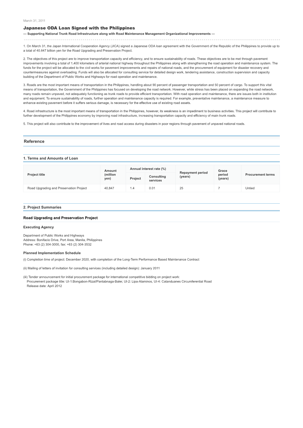 Reference Japanese ODA Loan Signed with the Philippines