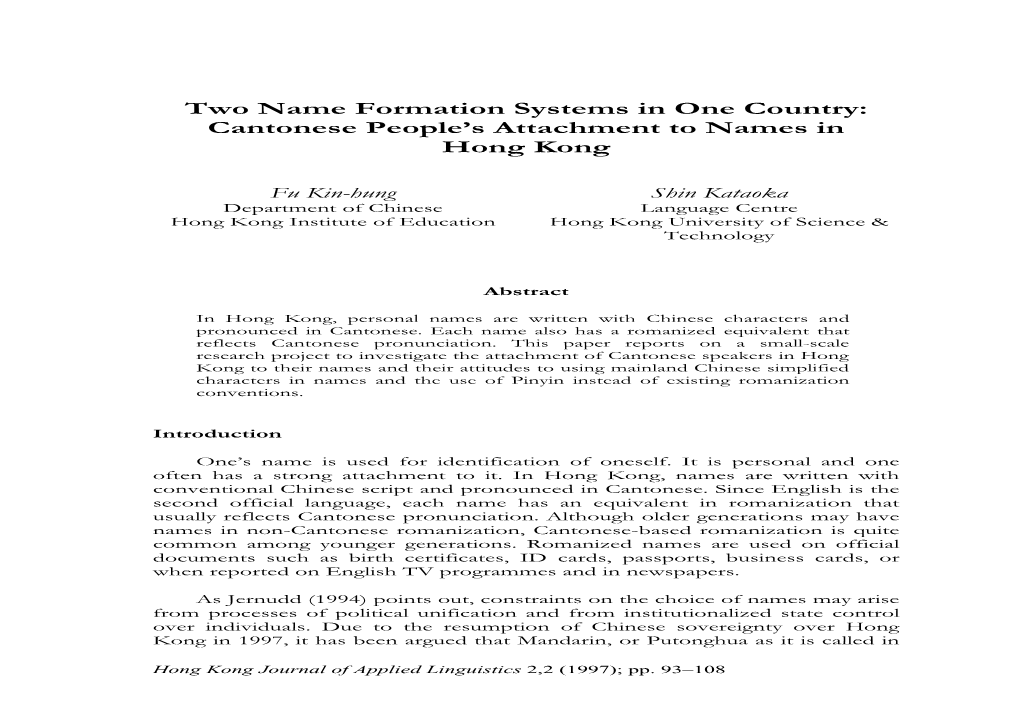 Cantonese People's Attachment to Names in Hong Kong