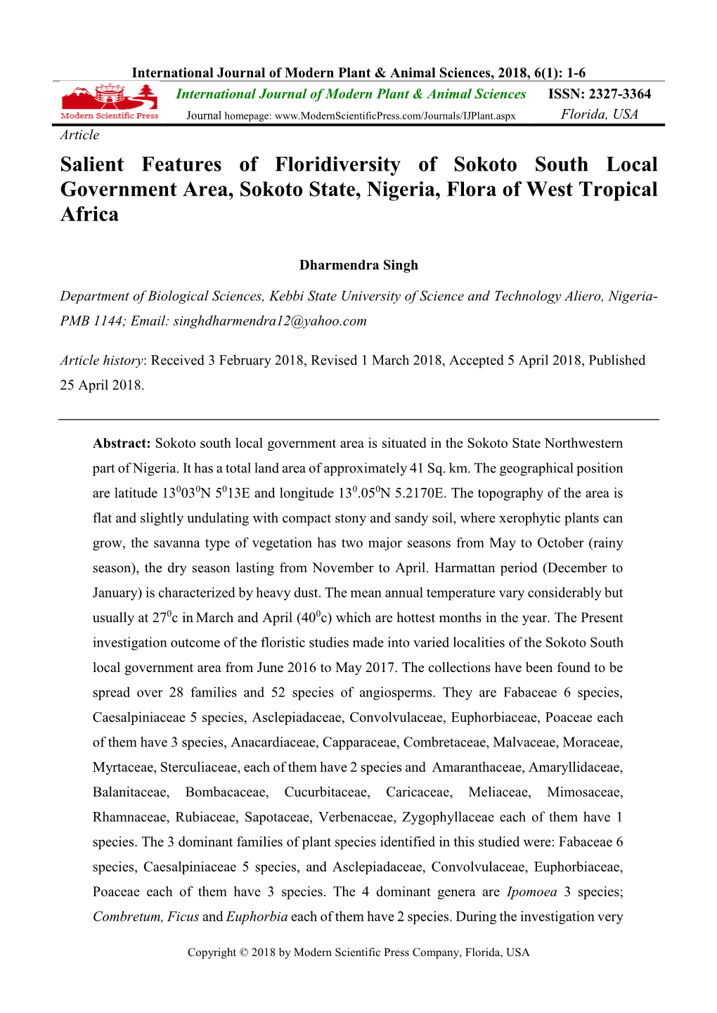 Salient Features of Floridiversity of Sokoto South Local Government Area, Sokoto State, Nigeria, Flora of West Tropical Africa