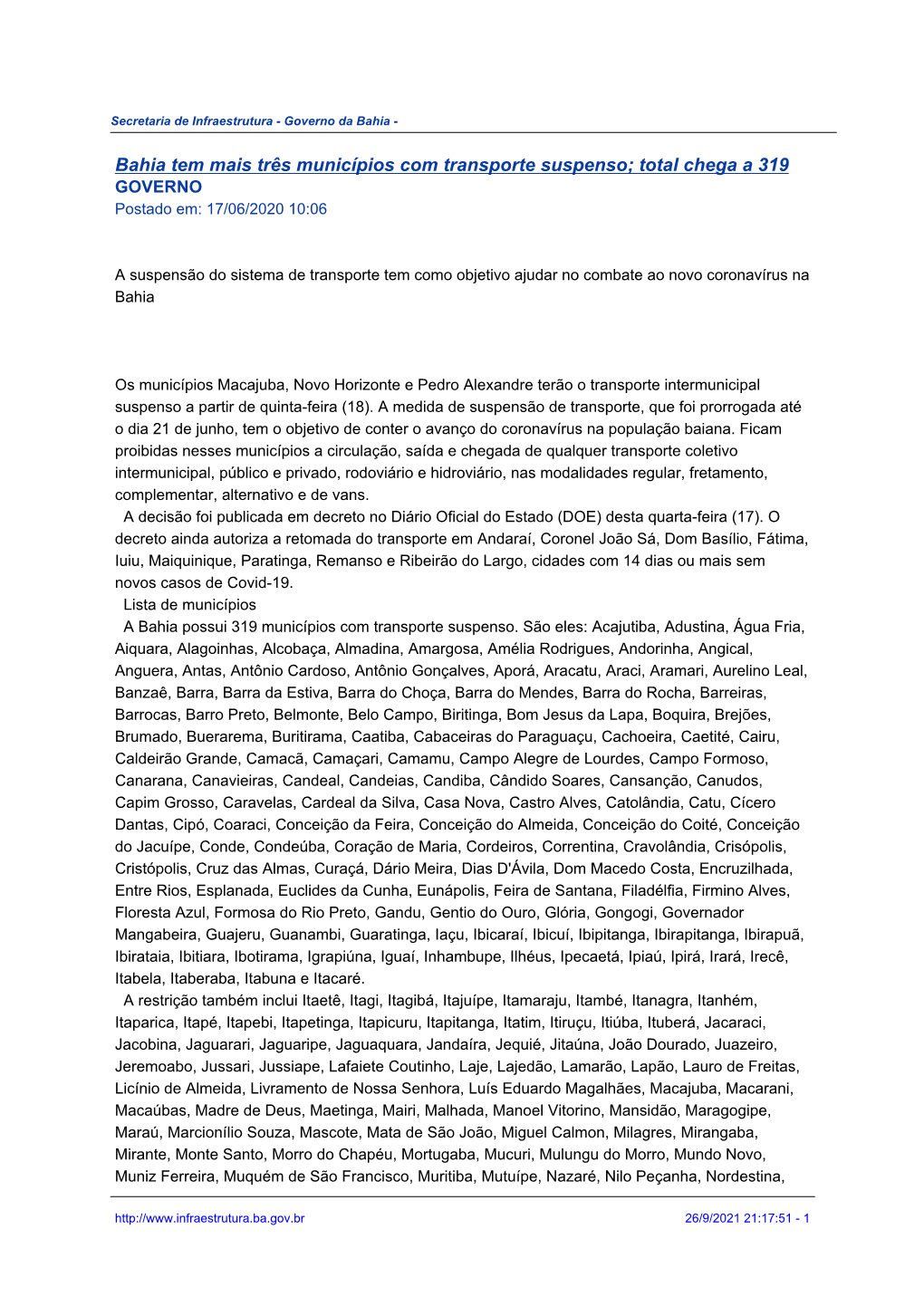 Bahia Tem Mais Três Municípios Com Transporte Suspenso; Total Chega a 319 GOVERNO Postado Em: 17/06/2020 10:06