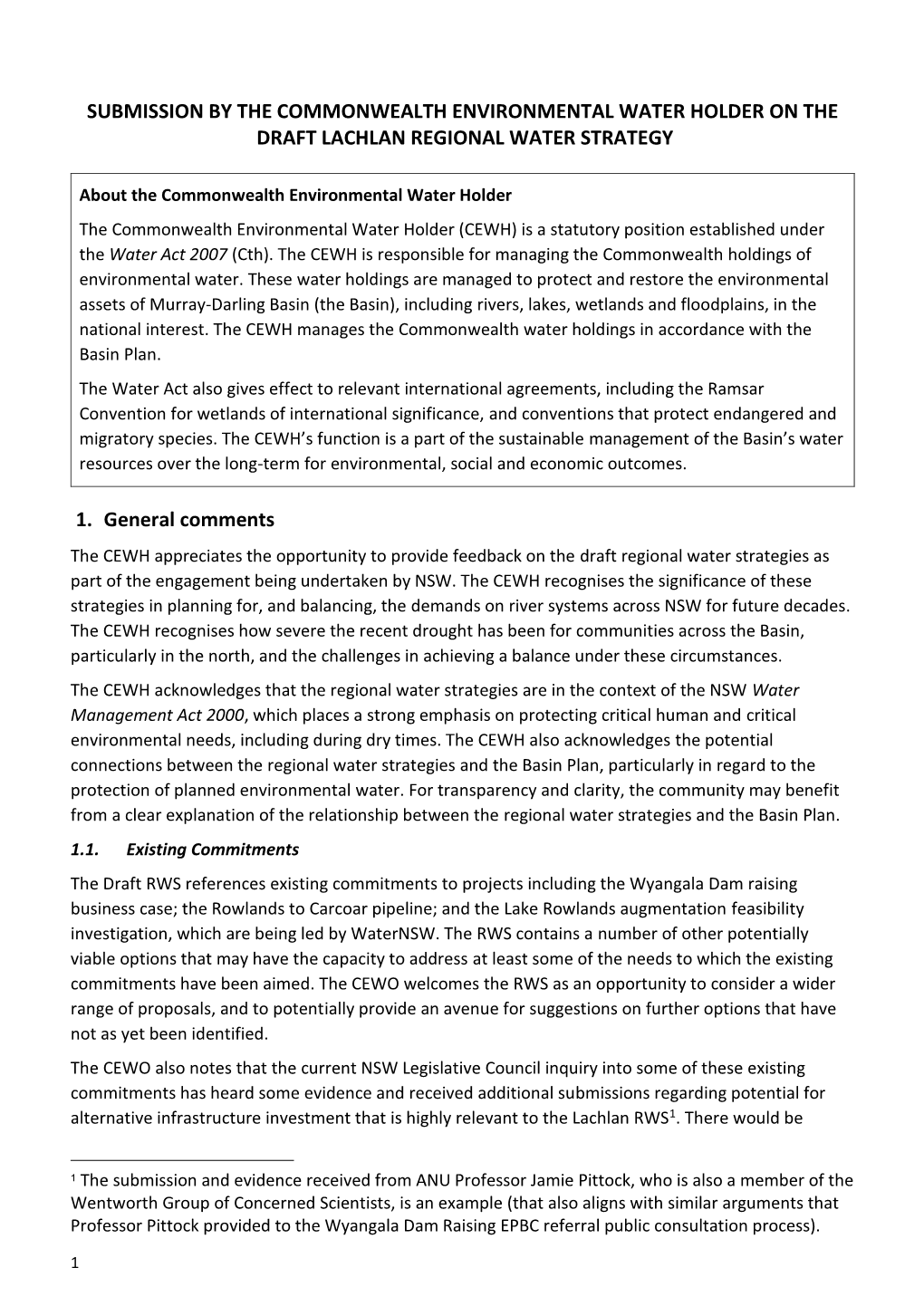 Submission by the Commonwealth Environmental Water Holder on the Draft Lachlan Regional Water Strategy