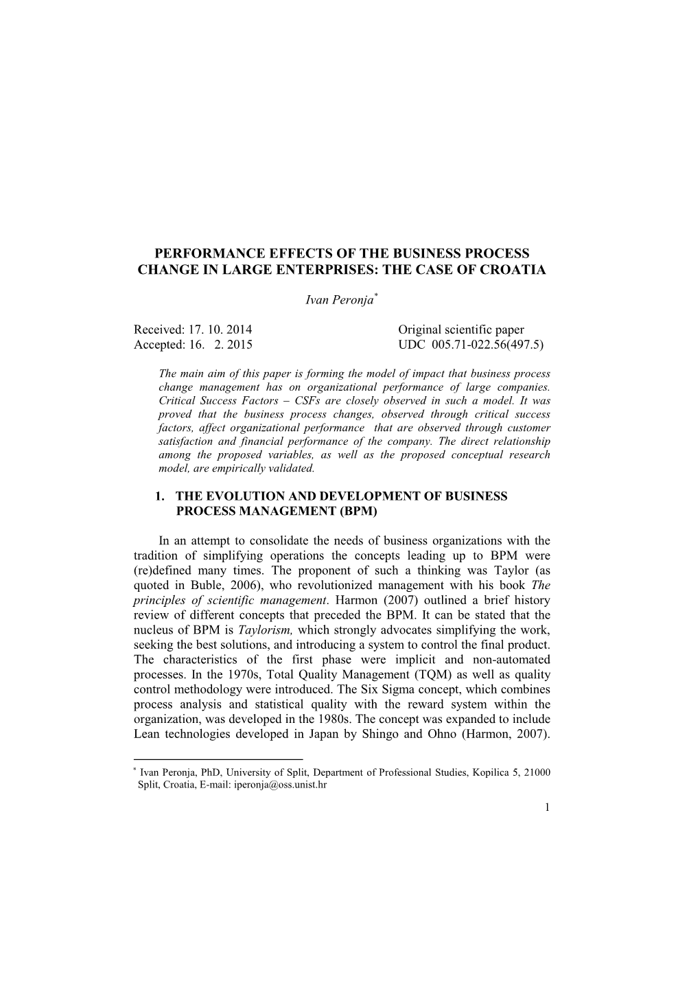 Performance Effects of the Business Process Change in Large Enterprises: the Case of Croatia