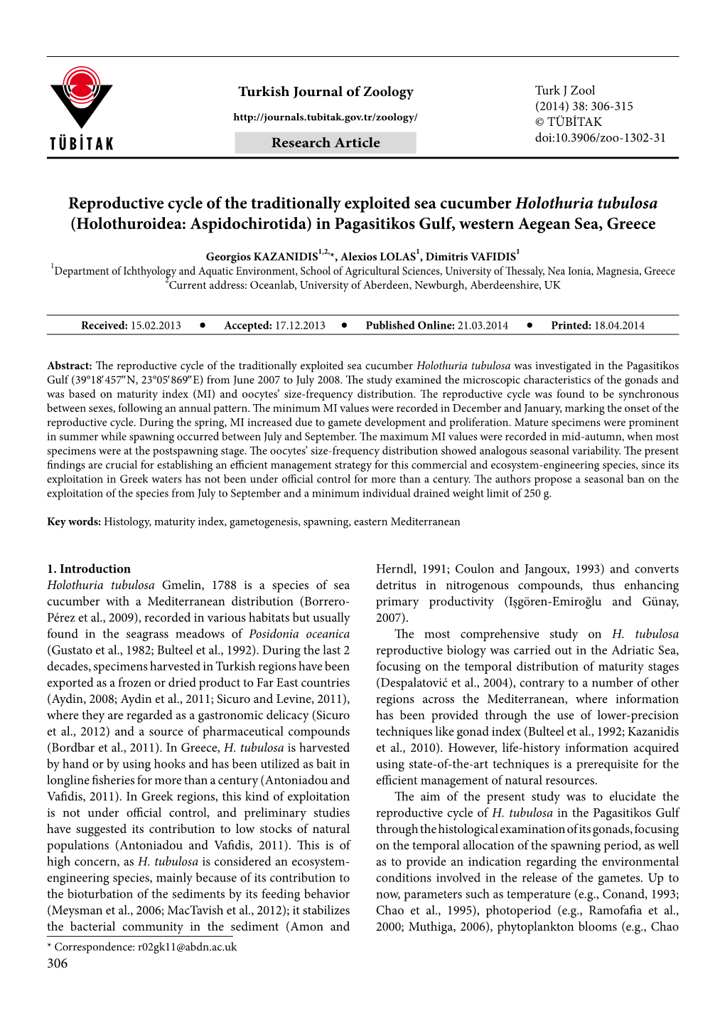 Reproductive Cycle of the Traditionally Exploited Sea Cucumber Holothuria Tubulosa (Holothuroidea: Aspidochirotida) in Pagasitikos Gulf, Western Aegean Sea, Greece