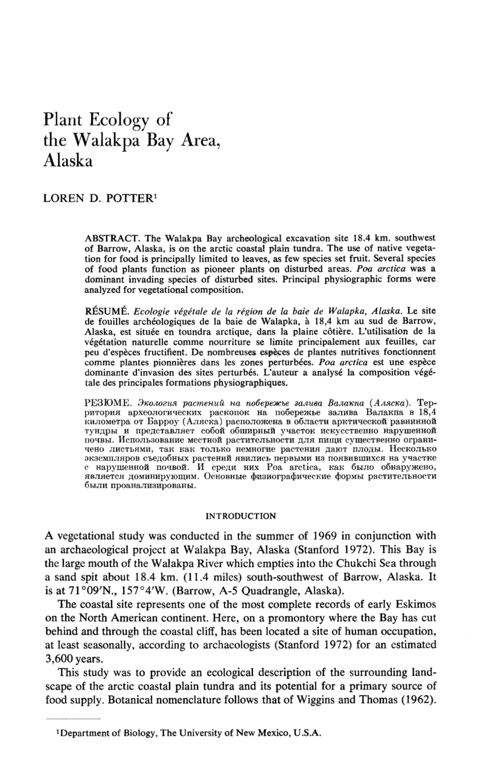 Plant Ecology of the Walakpa Bay Area, Alaska