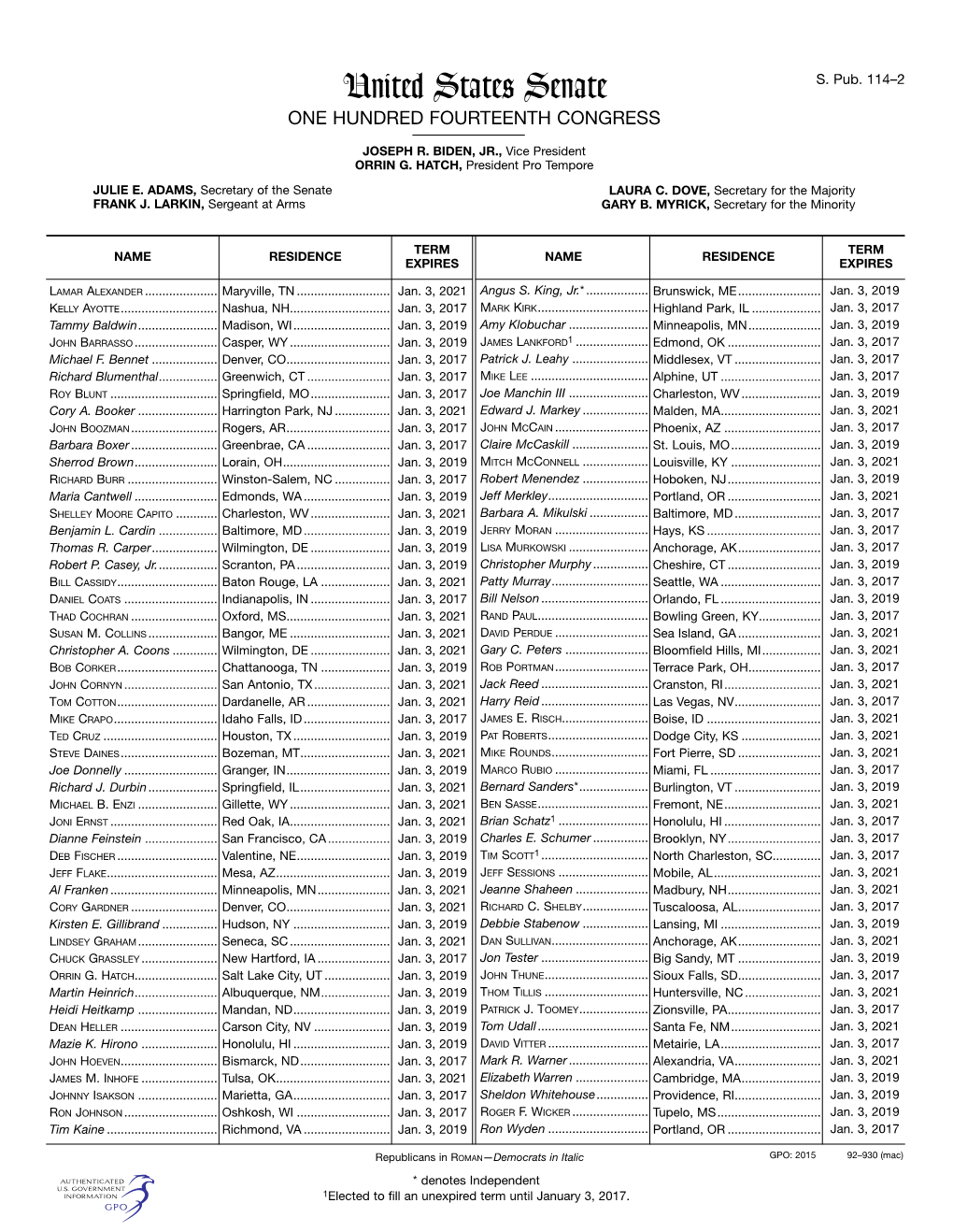 Senate Class Card List:92-930 2/3/15 11:47 PM Page 1