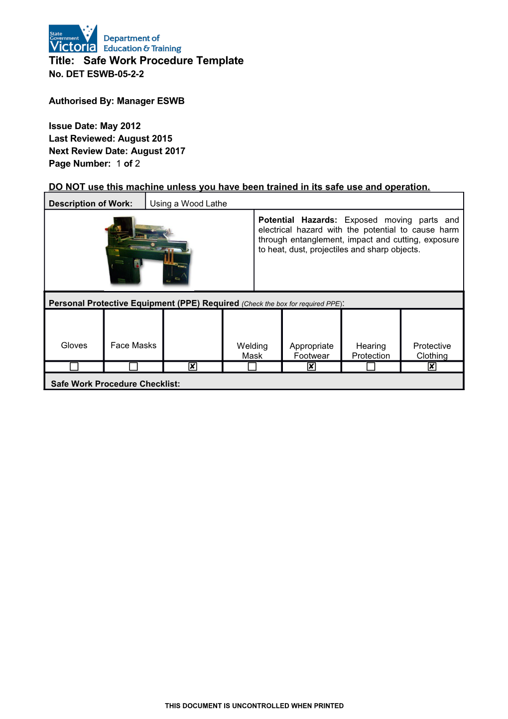 Safe Work Procedure Template - Wood Lathe