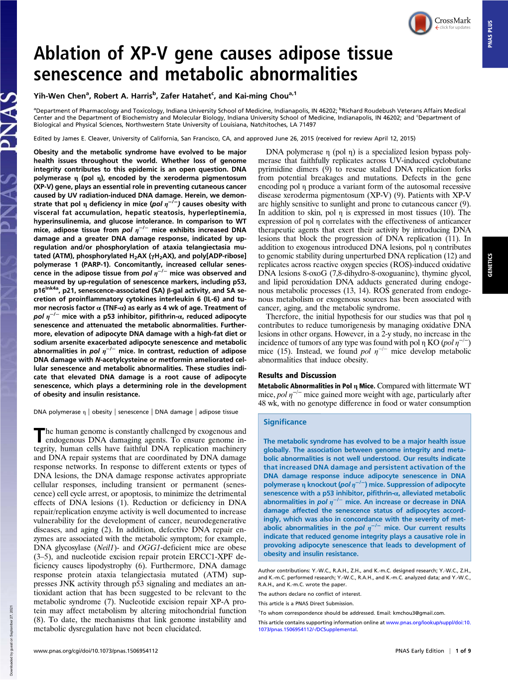 Ablation of XP-V Gene Causes Adipose Tissue Senescence and Metabolic Abnormalities