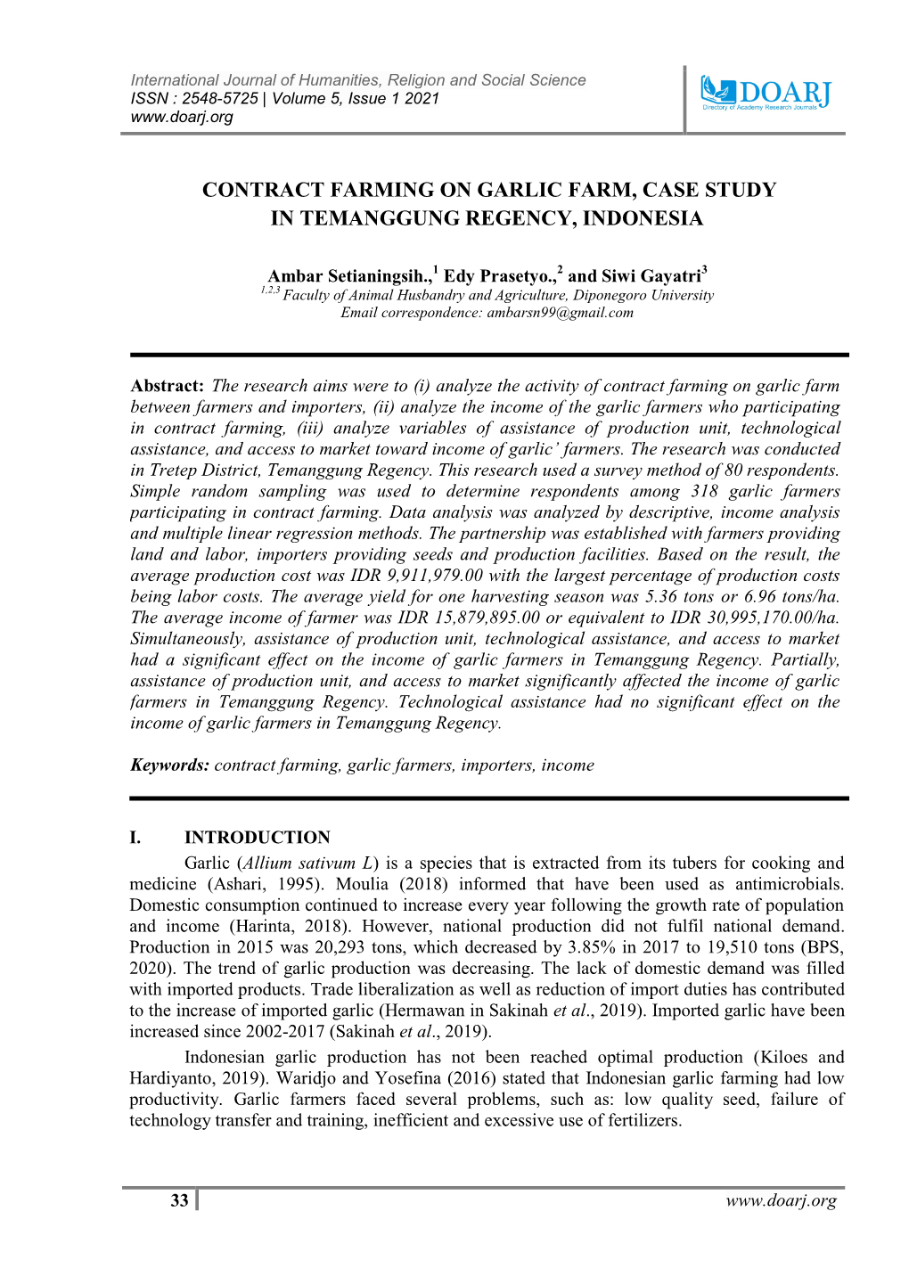 Contract Farming on Garlic Farm, Case Study in Temanggung Regency, Indonesia