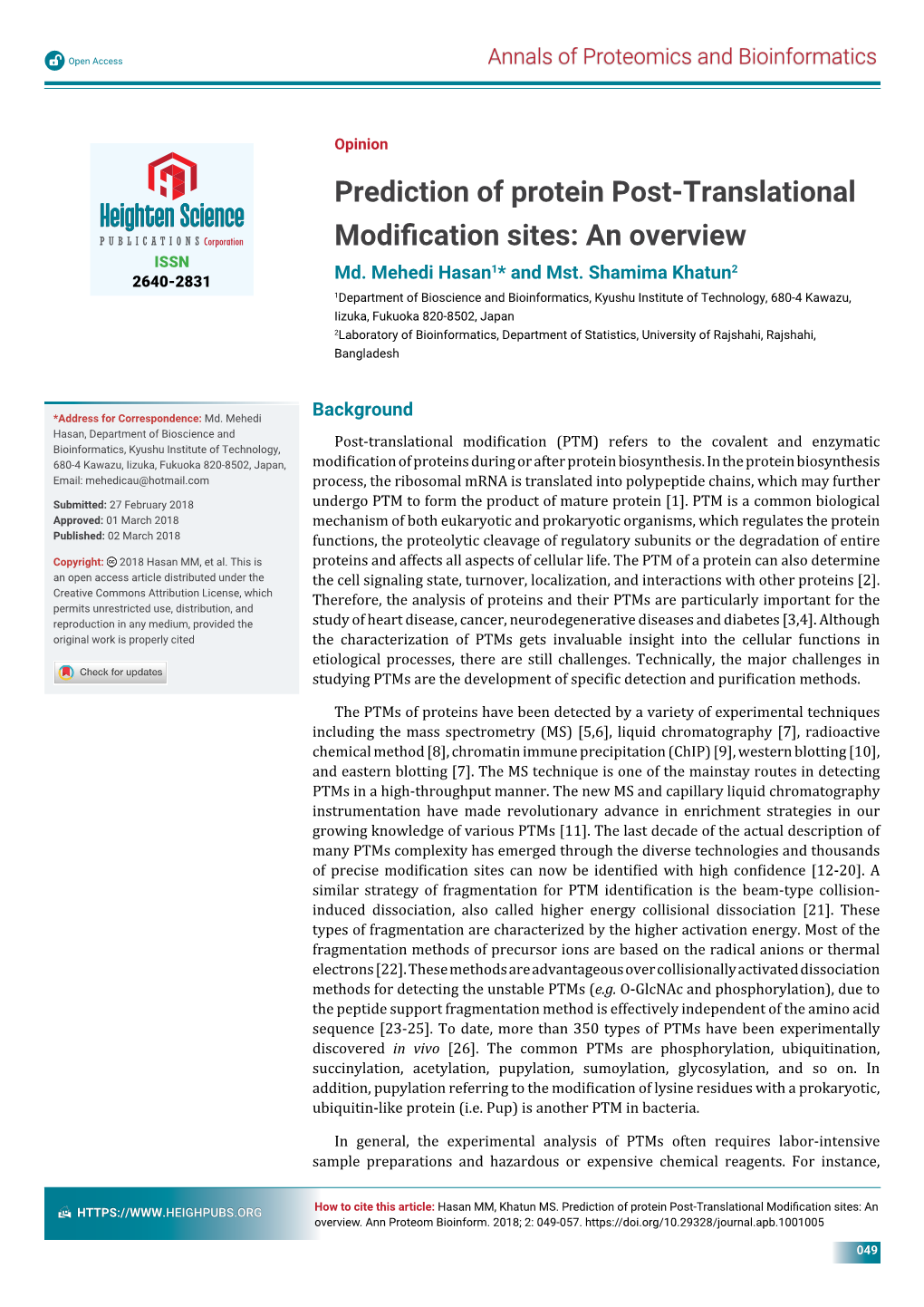 Prediction of Protein Post-Translational Modification Sites: an Overview