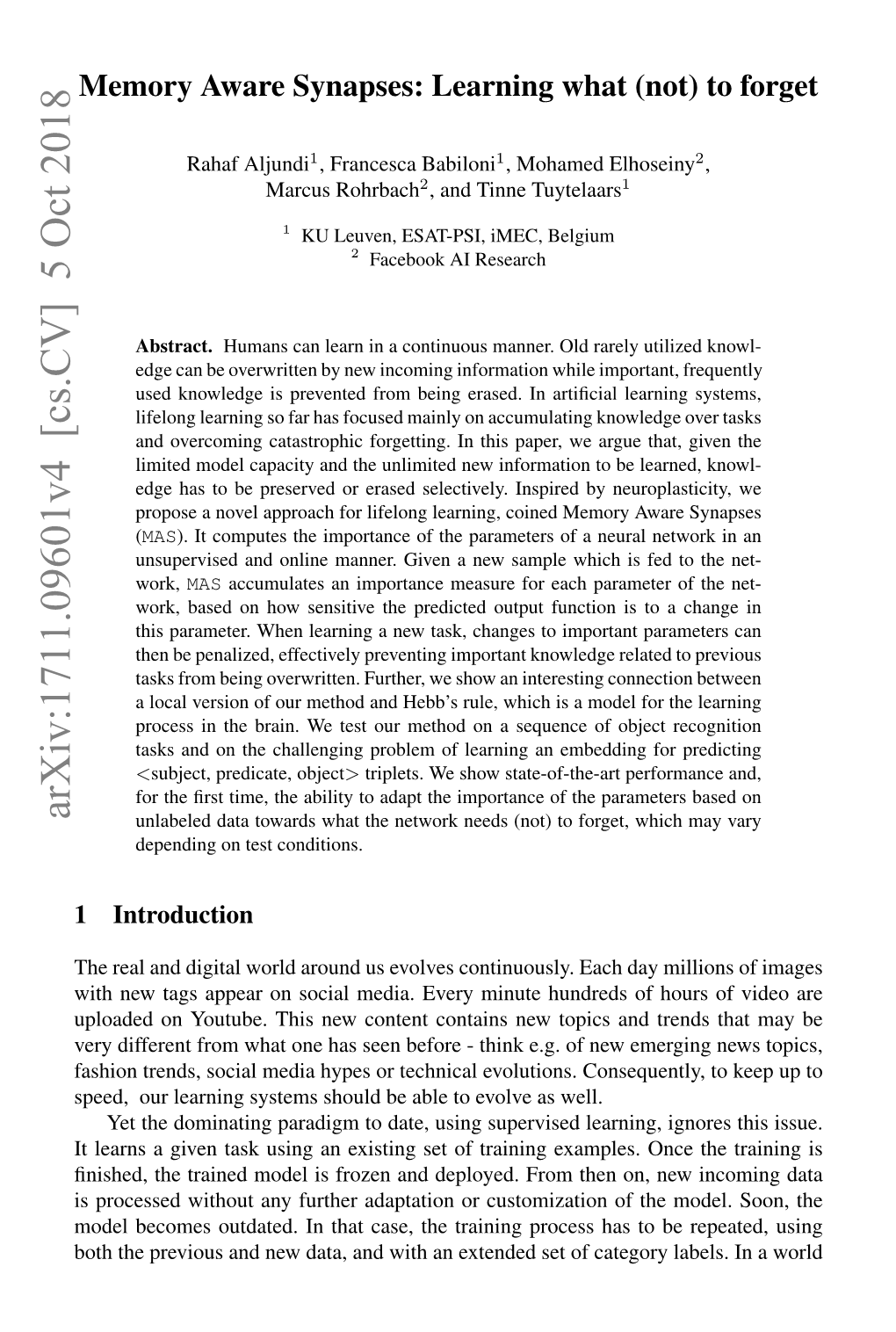 Arxiv:1711.09601V4 [Cs.CV] 5 Oct 2018 Unlabeled Data Towards What the Network Needs (Not) to Forget, Which May Vary Depending on Test Conditions