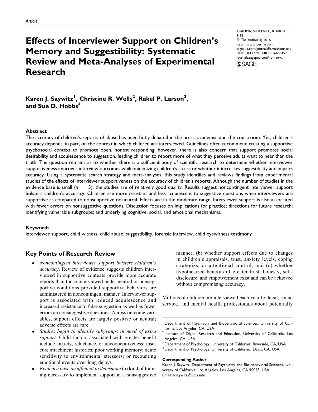 Effects of Interviewer Support on Children's Memory and Suggestibility