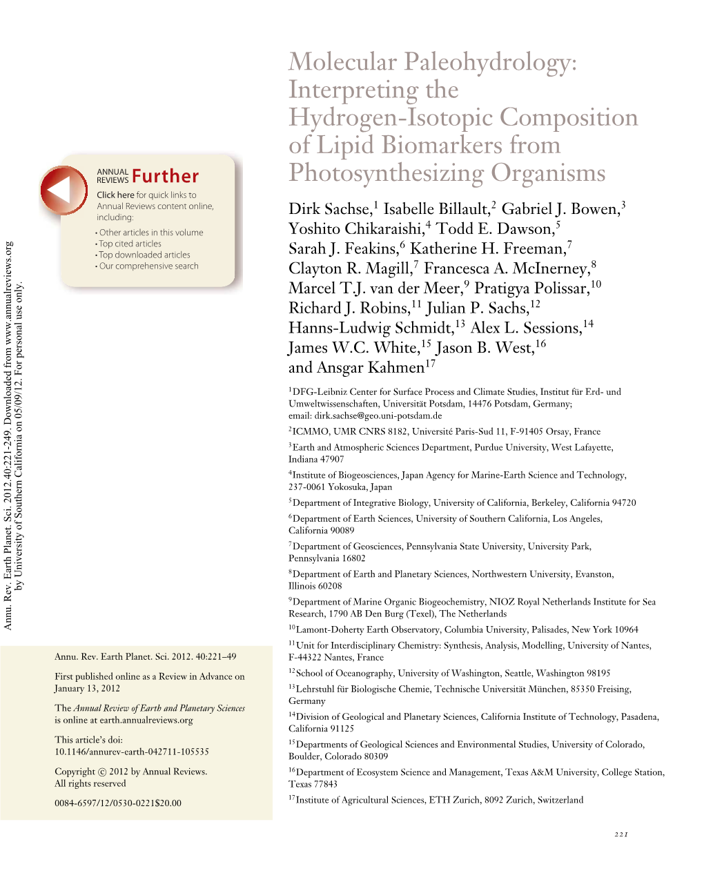 Interpreting the Hydrogen-Isotopic Composition of Lipid Biomarkers from Photosynthesizing Organisms Dirk Sachse,1 Isabelle Billault,2 Gabriel J