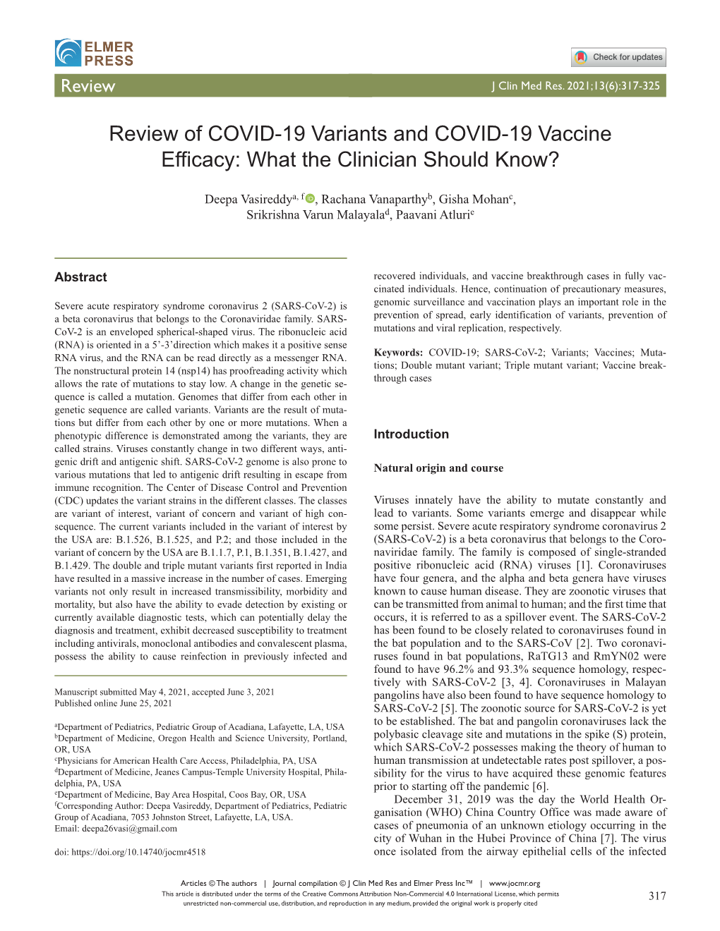 Review of COVID-19 Variants and COVID-19 Vaccine Efficacy: What the Clinician Should Know?