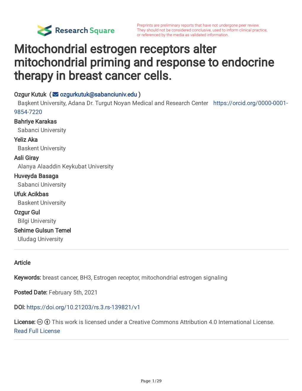 Mitochondrial Estrogen Receptors Alter Mitochondrial Priming and Response to Endocrine Therapy in Breast Cancer Cells