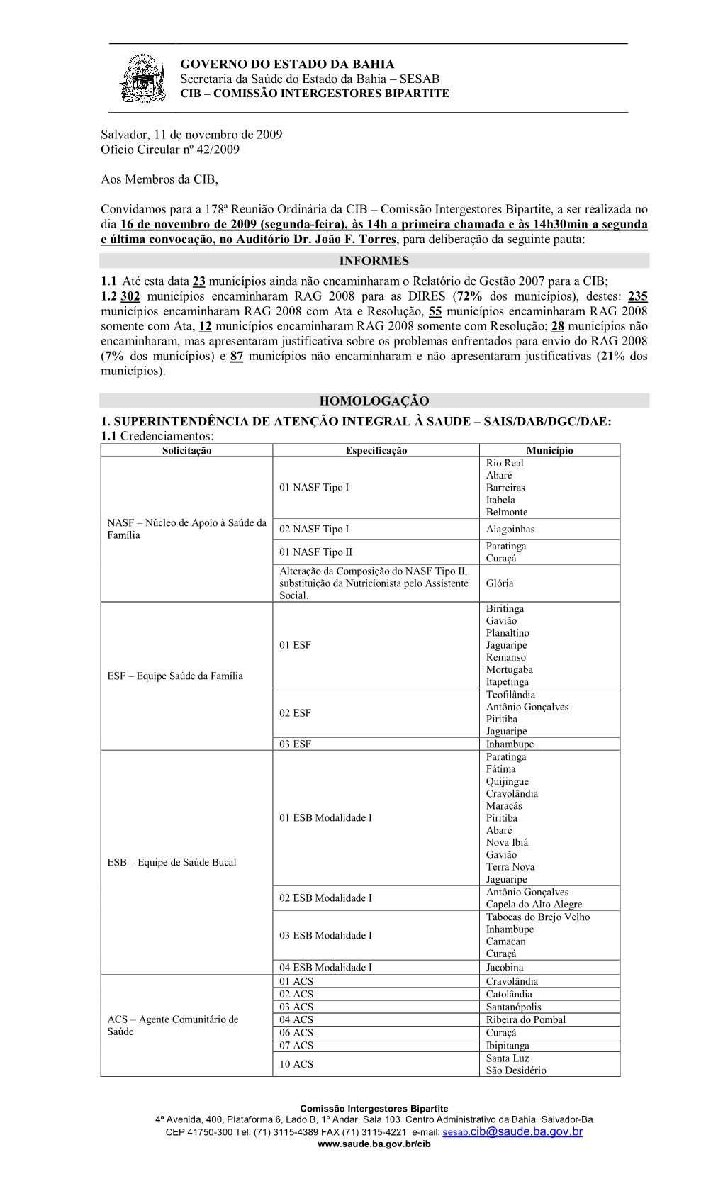 SESAB Salvador, 11 De Novembro De 2009 Ofício Circular N