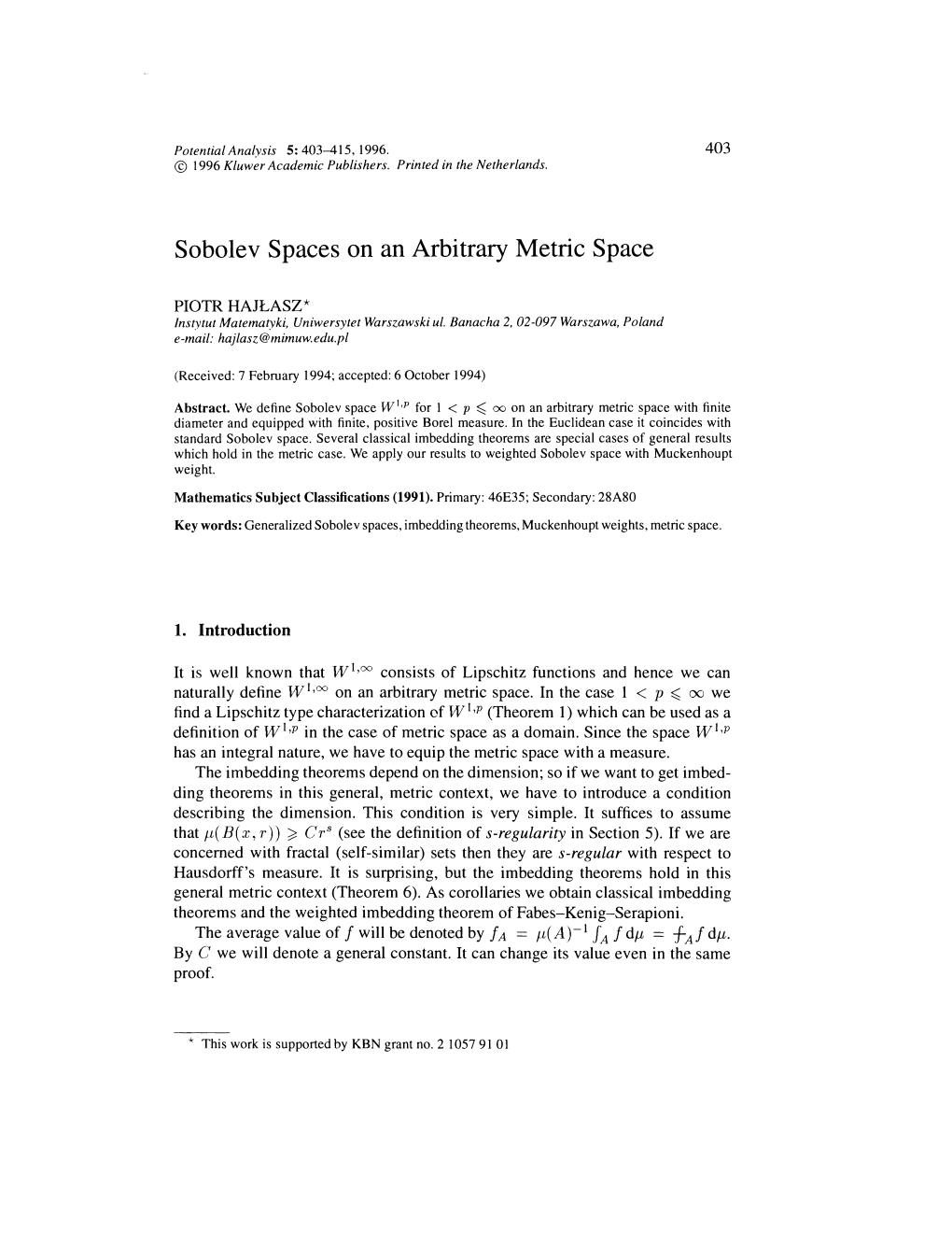 Sobolev Spaces on an Arbitrary Metric Space