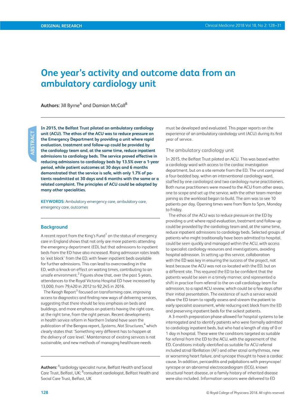 One Year's Activity and Outcome Data from an Ambulatory Cardiology Unit