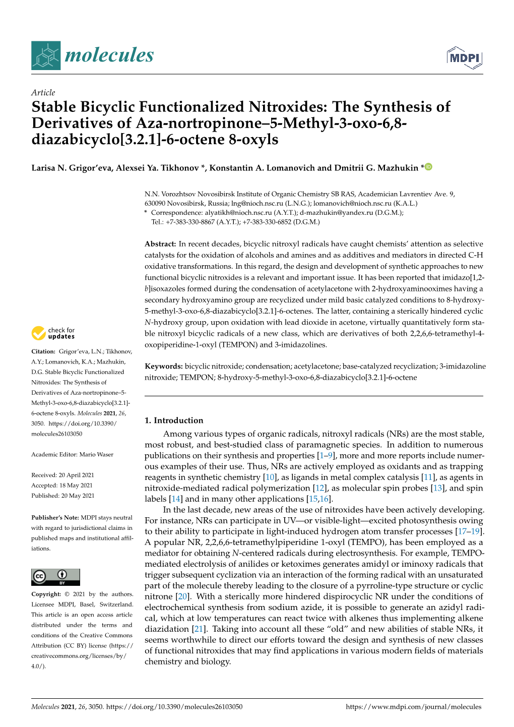 Stable Bicyclic Functionalized Nitroxides: the Synthesis of Derivatives of Aza-Nortropinone–5-Methyl-3-Oxo-6,8-Diazabicyclo[3