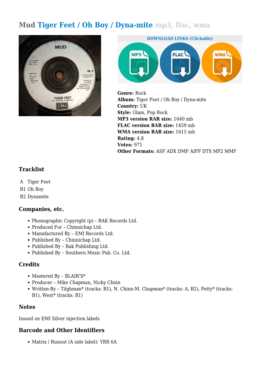 Mud Tiger Feet / Oh Boy / Dyna-Mite Mp3, Flac, Wma