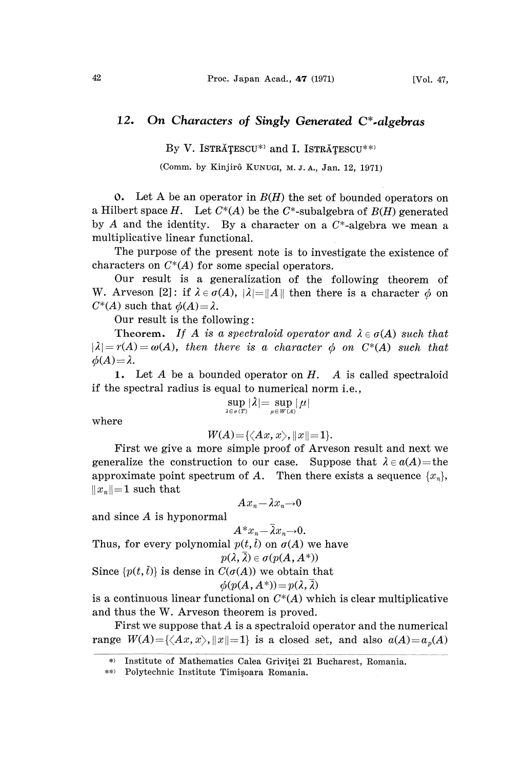 12. on Characters of Singly Generated C*.Algebras by V