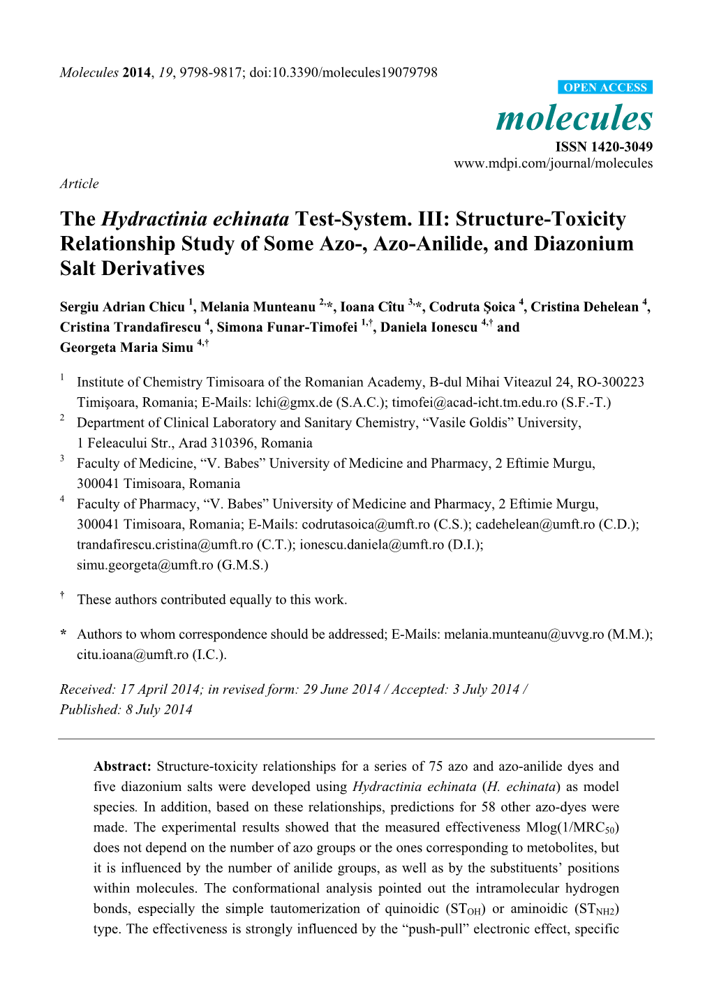 The Hydractinia Echinata Test-System. III: Structure-Toxicity Relationship Study of Some Azo-, Azo-Anilide, and Diazonium Salt Derivatives
