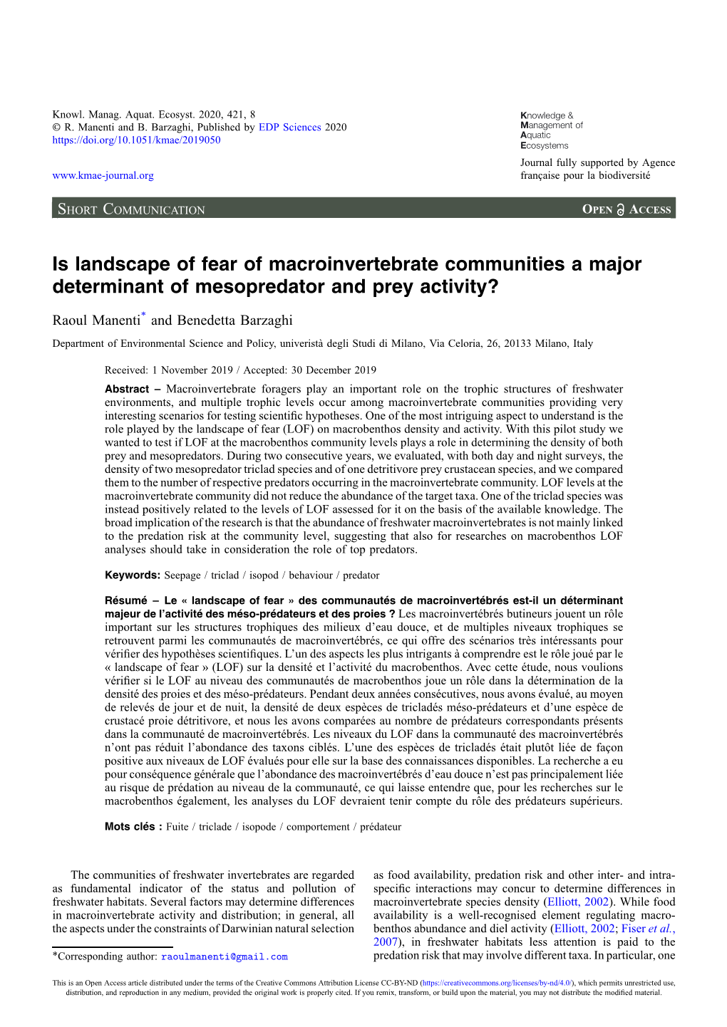 Is Landscape of Fear of Macroinvertebrate Communities a Major Determinant of Mesopredator and Prey Activity?