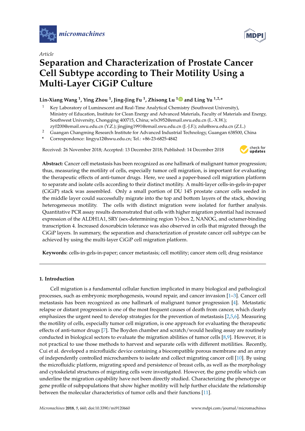 Separation and Characterization of Prostate Cancer Cell Subtype According to Their Motility Using a Multi-Layer Cigip Culture