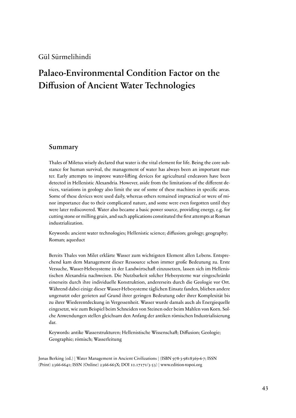 Palaeo-Environmental Condition Factor on the Diffusion of Ancient Water Technologies