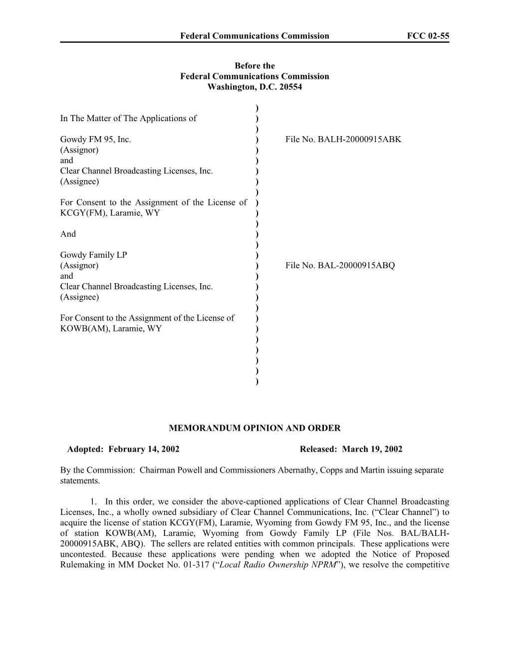 Federal Communications Commission FCC 02-55 Before the Federal