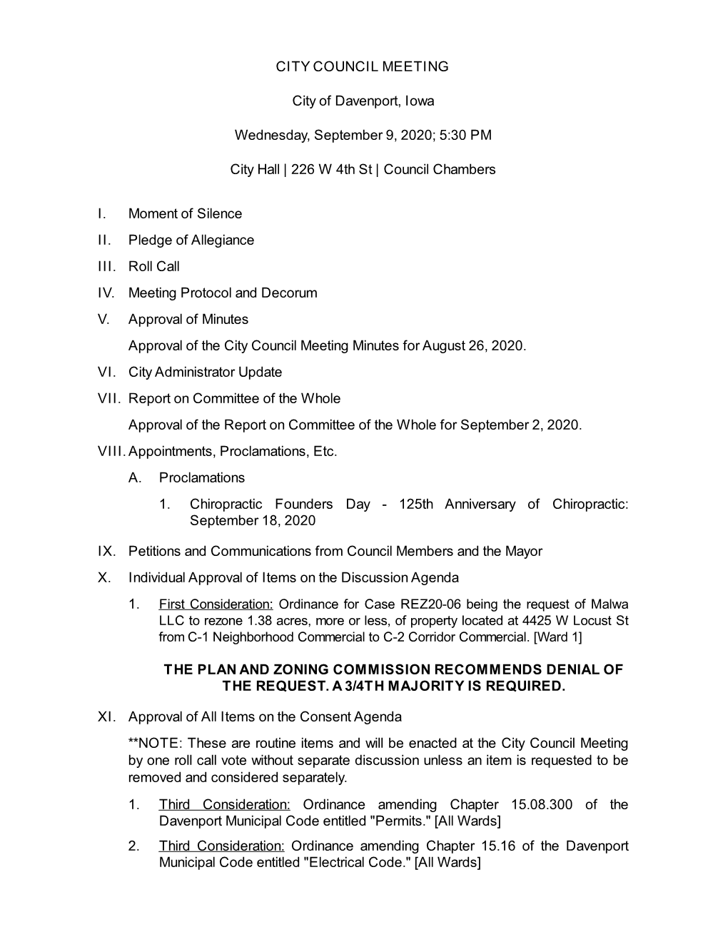 CITY COUNCIL MEETING City of Davenport, Iowa Wednesday