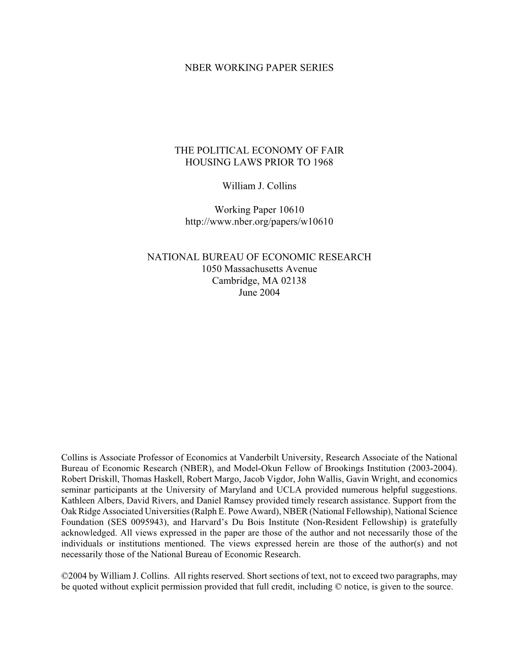 The Political Economy of Fair Housing Laws Prior to 1968