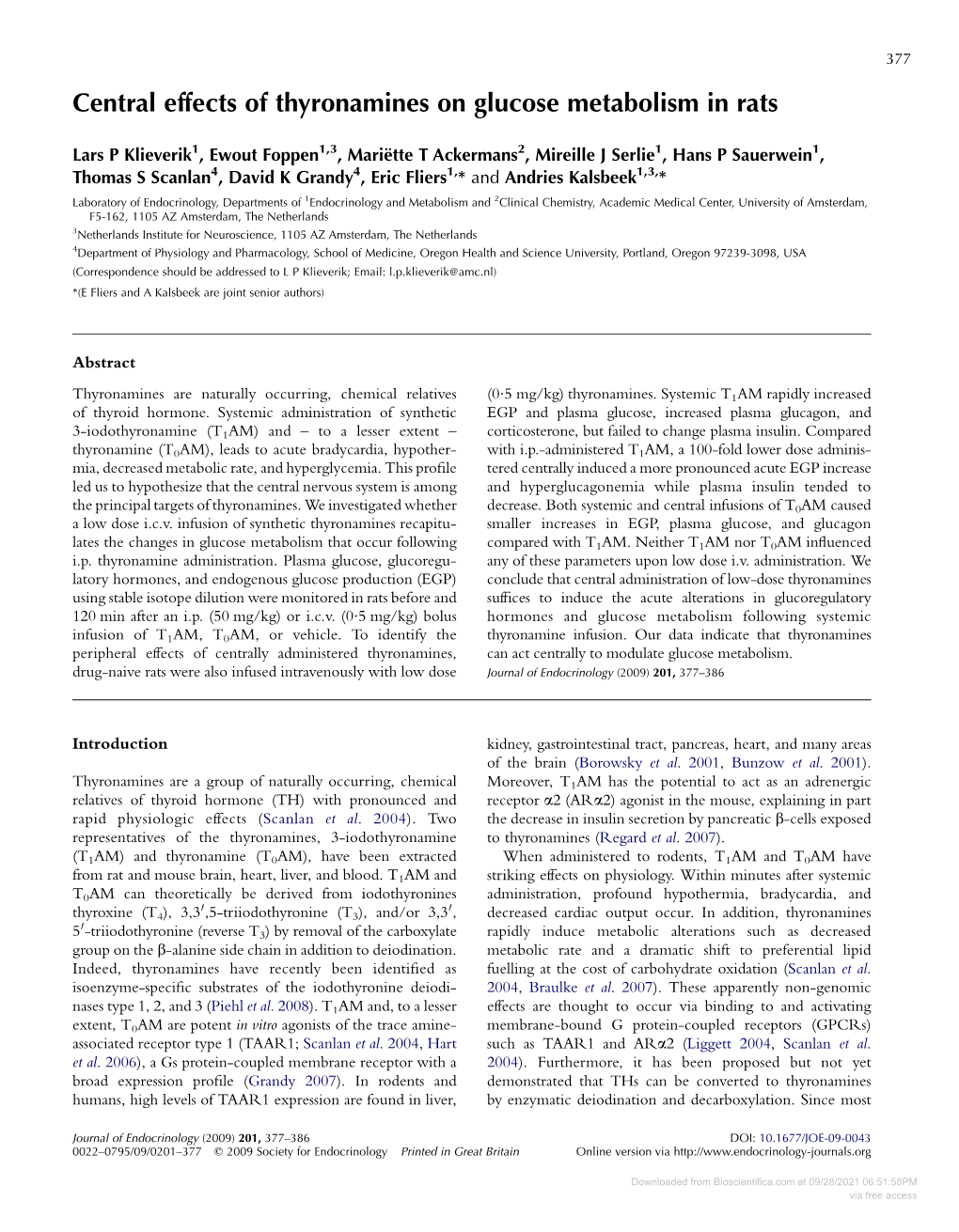 Central Effects of Thyronamines on Glucose Metabolism in Rats