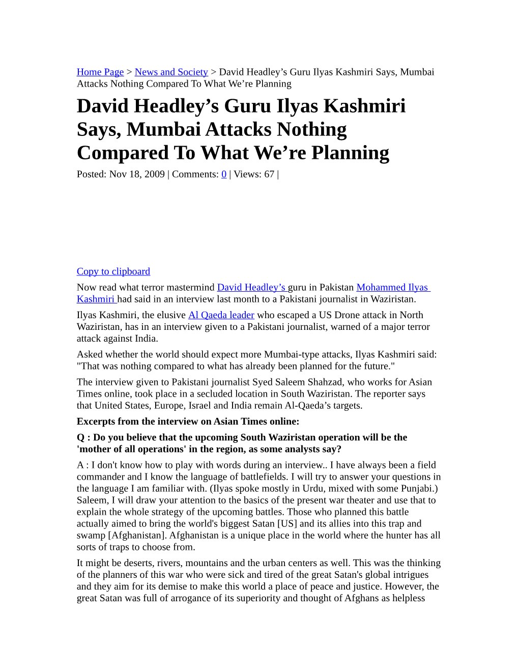David Headley's Guru Ilyas Kashmiri Says, Mumbai Attacks Nothing