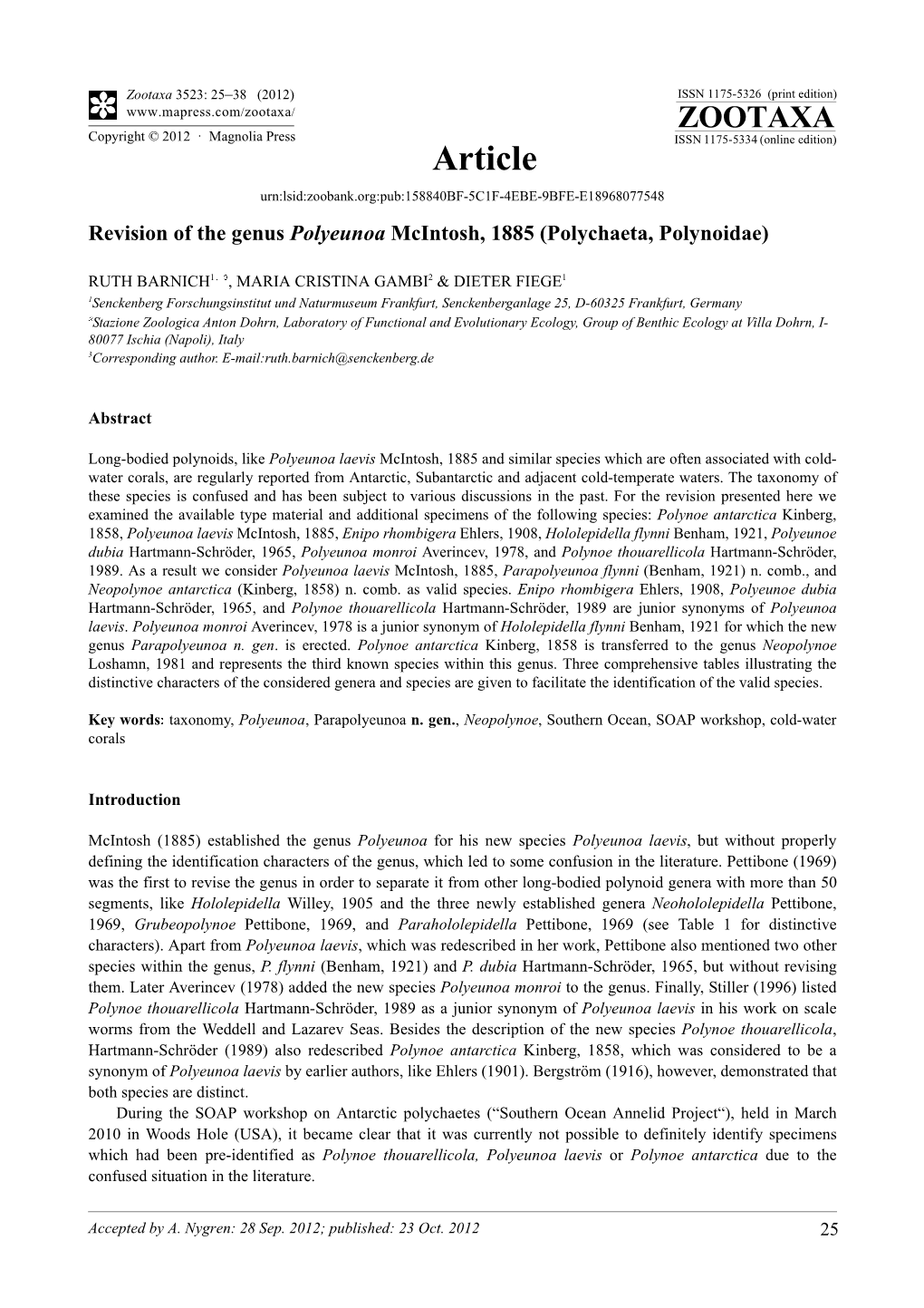 Revision of the Genus Polyeunoa Mcintosh, 1885 (Polychaeta, Polynoidae)