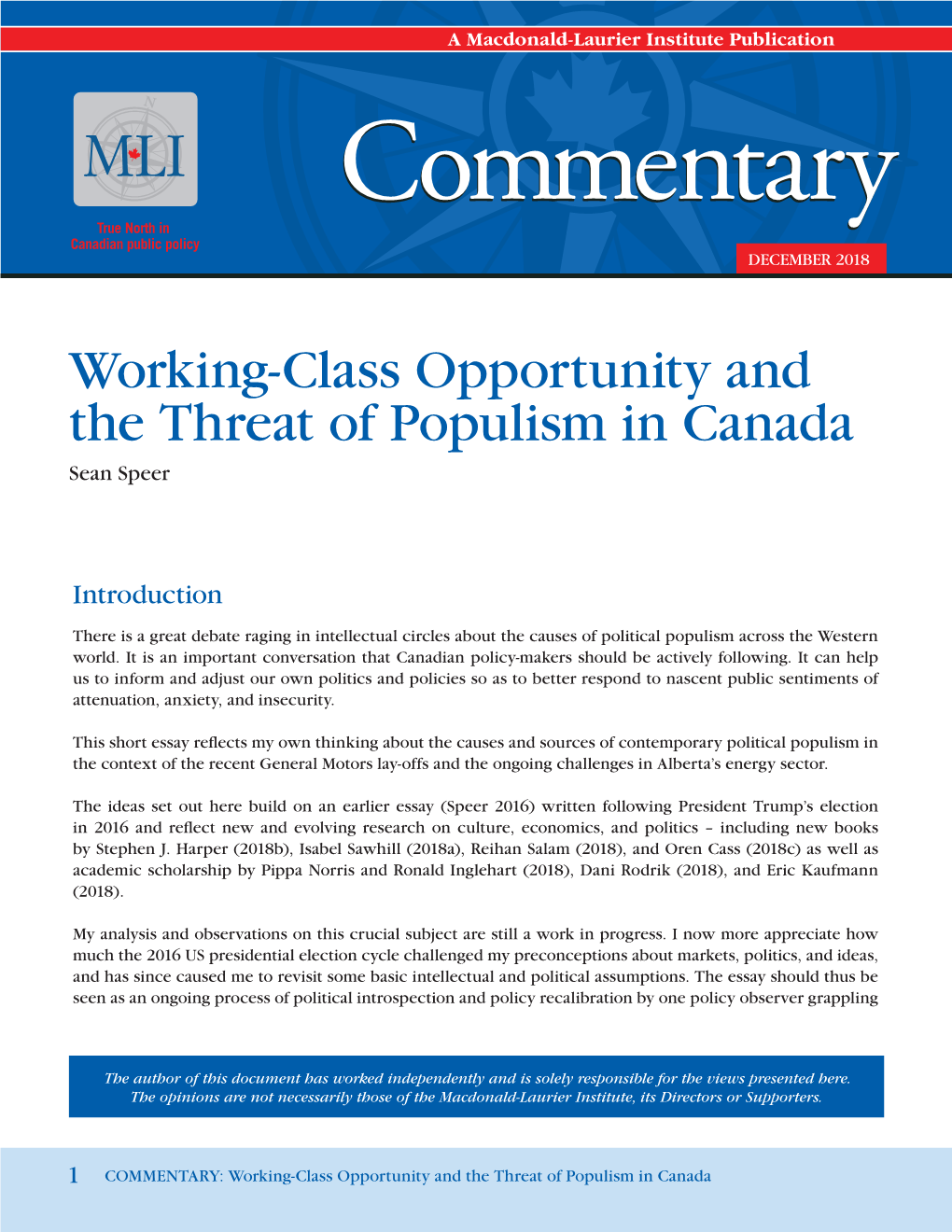 Working-Class Opportunity and the Threat of Populism in Canada Sean Speer