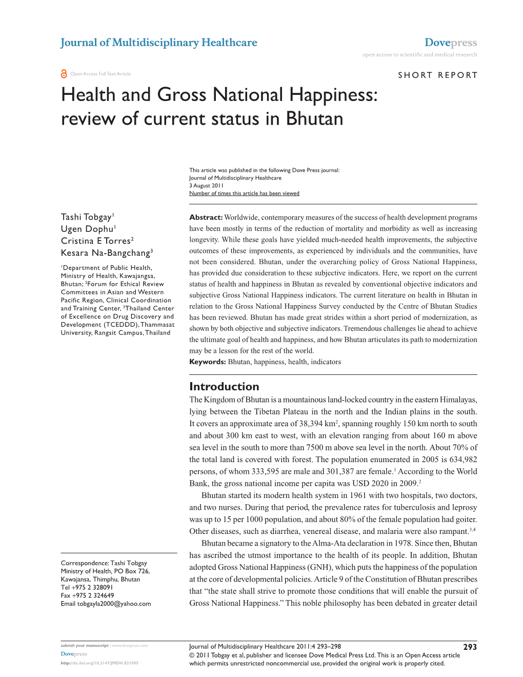 Health and Gross National Happiness: Review of Current Status in Bhutan