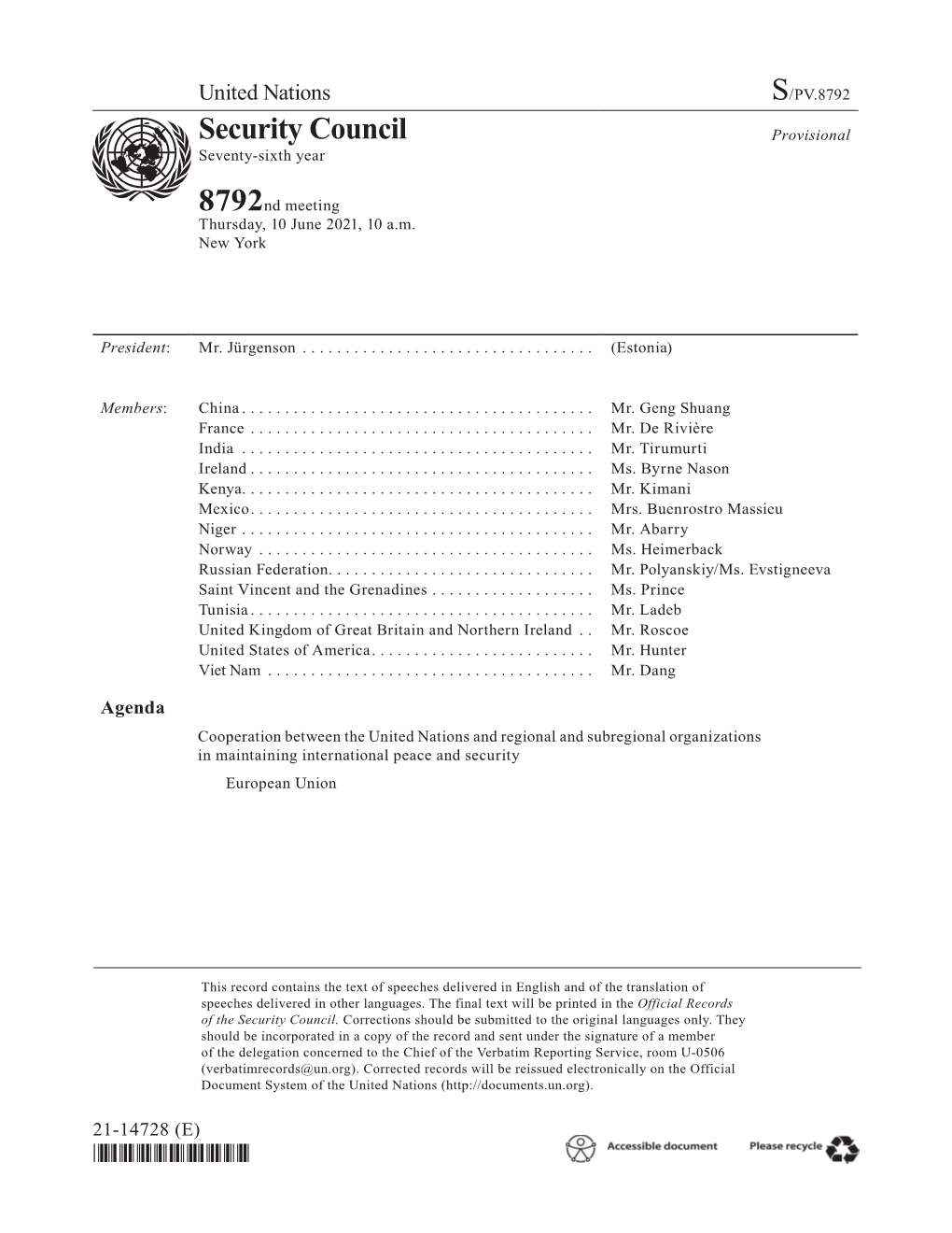 Security Council Seventy-Sixth Year 8792Nd Meeting Thursday, 10 June