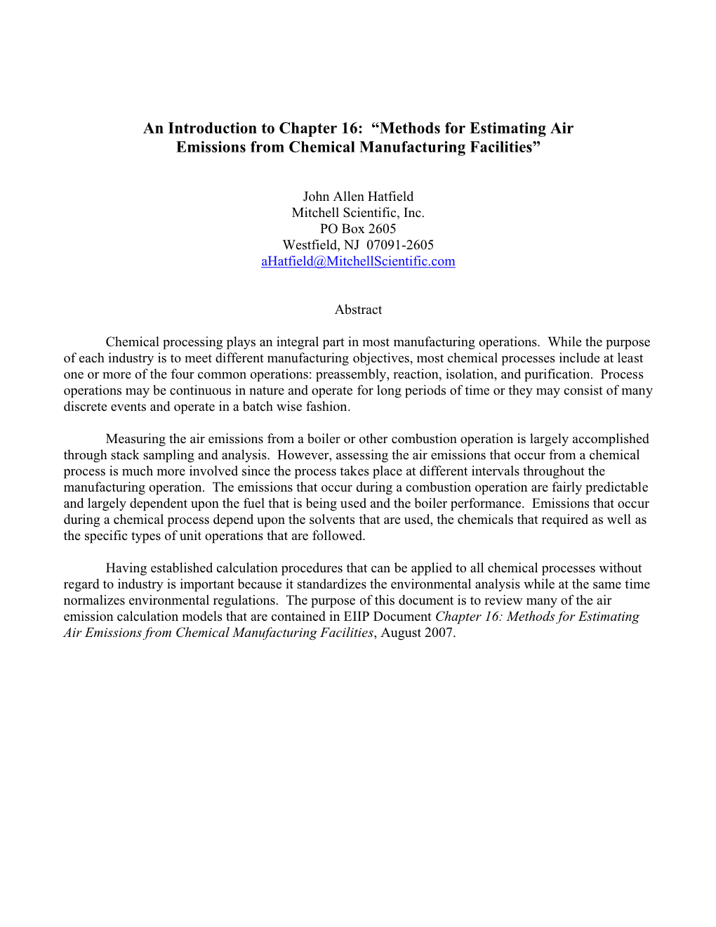 An Introduction to Chapter 16: “Methods for Estimating Air Emissions from Chemical Manufacturing Facilities”