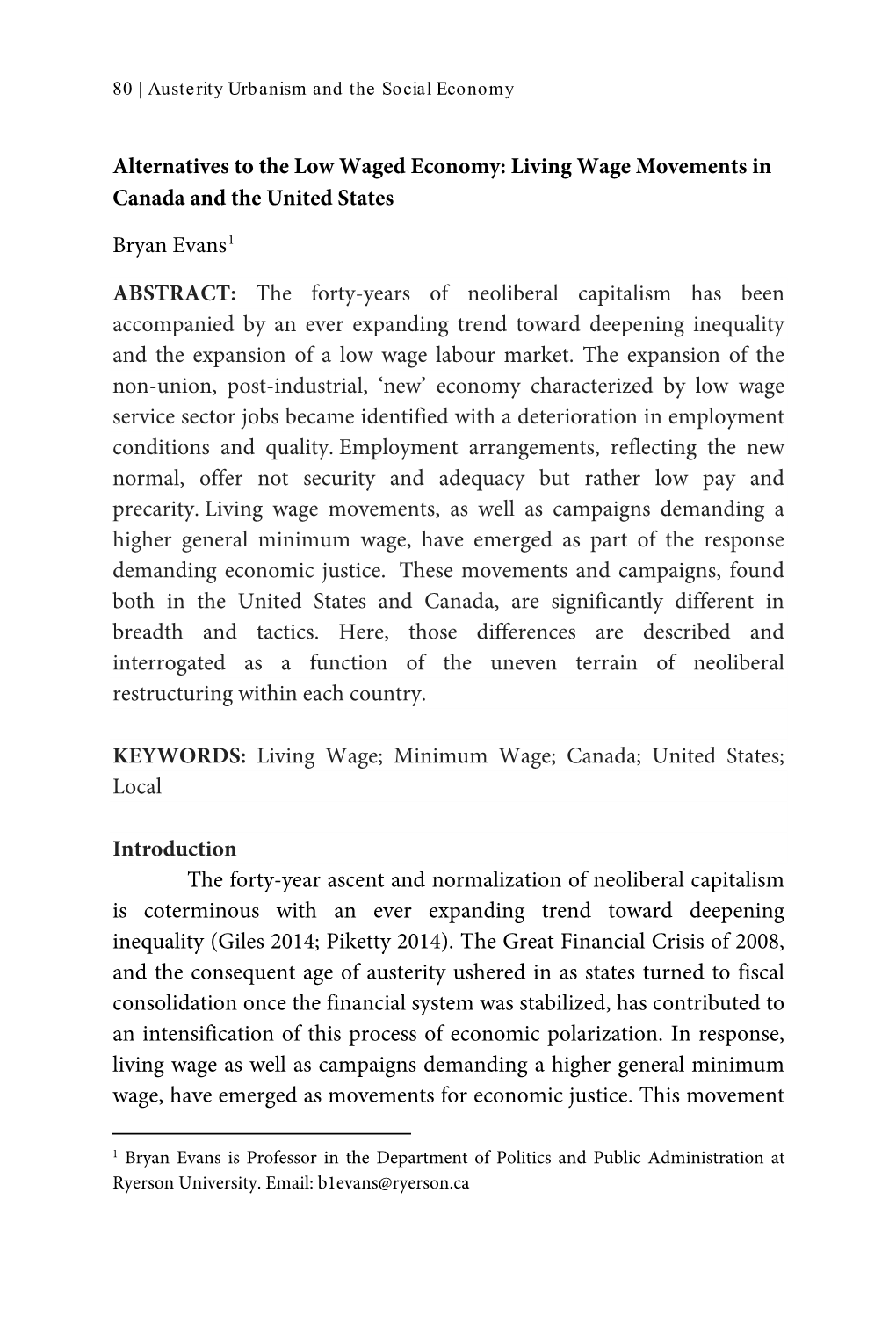 Living Wage Movements in Canada and the United States Bryan