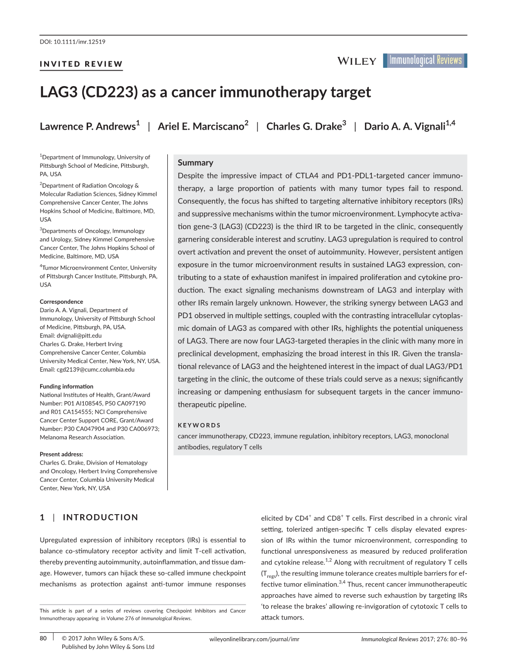 LAG3 (CD223) As a Cancer Immunotherapy Target