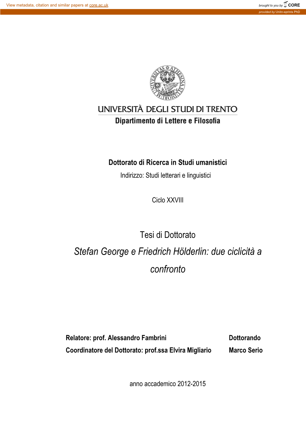 Stefan George E Friedrich Hölderlin: Due Ciclicità a Confronto