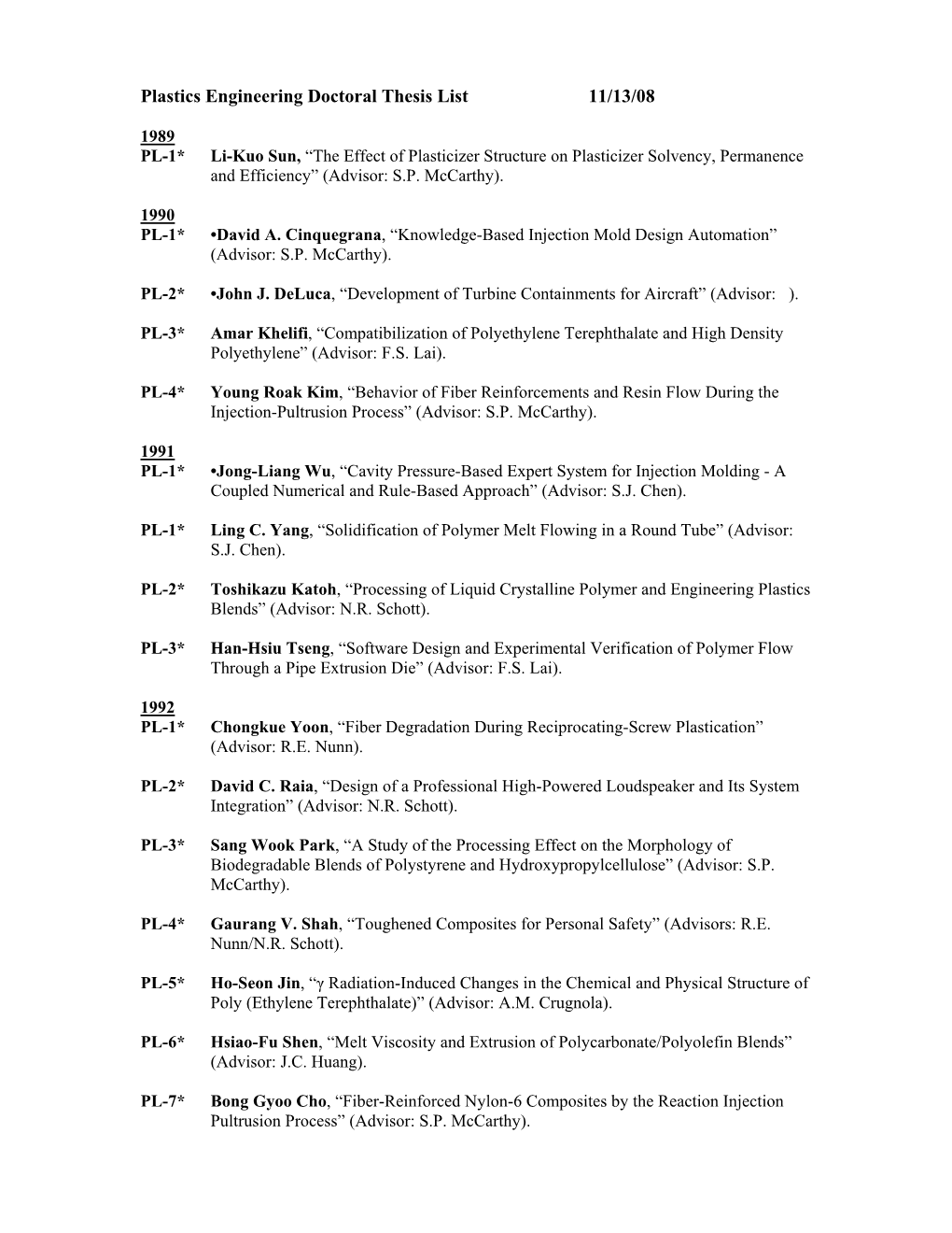 Plastics Engineering Doctoral Thesis List 11/13/08