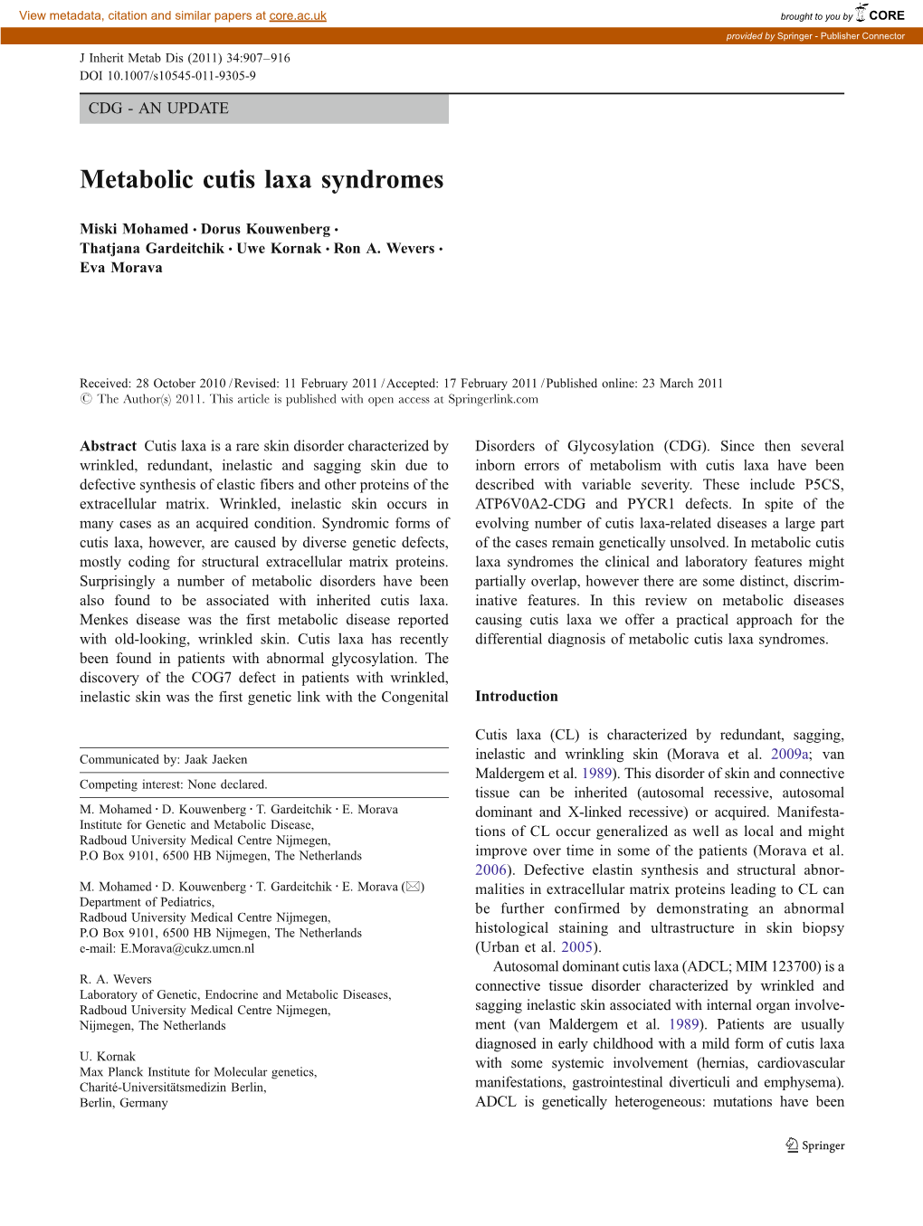 Metabolic Cutis Laxa Syndromes