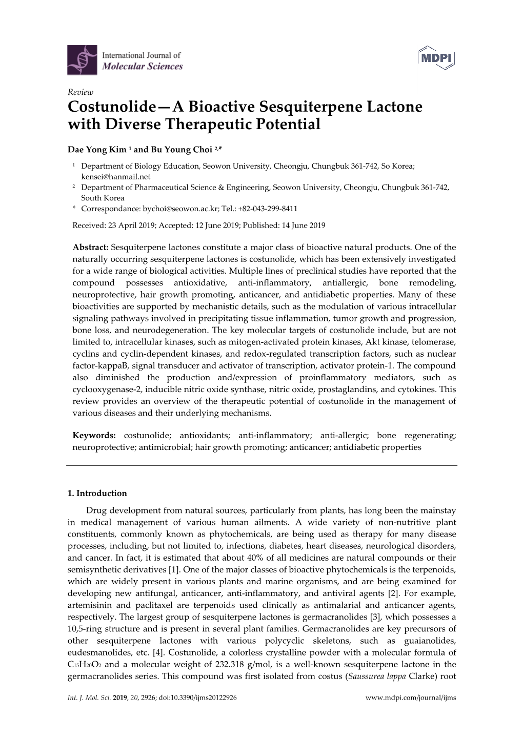 Costunolide—A Bioactive Sesquiterpene Lactone with Diverse Therapeutic Potential