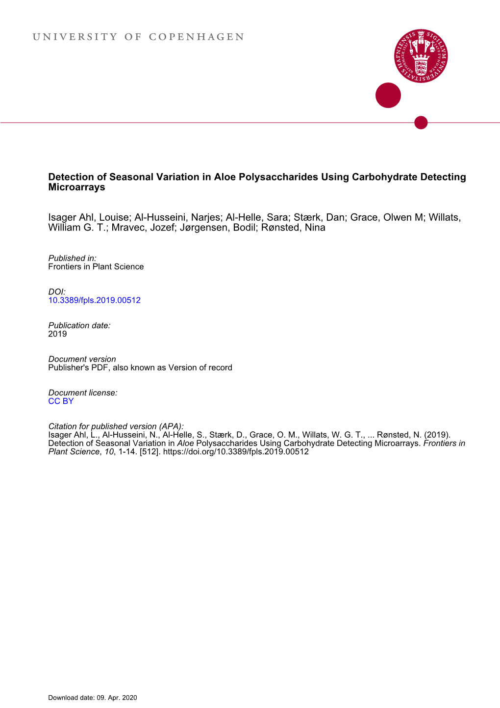 Detection of Seasonal Variation in Aloe Polysaccharides Using Carbohydrate Detecting Microarrays