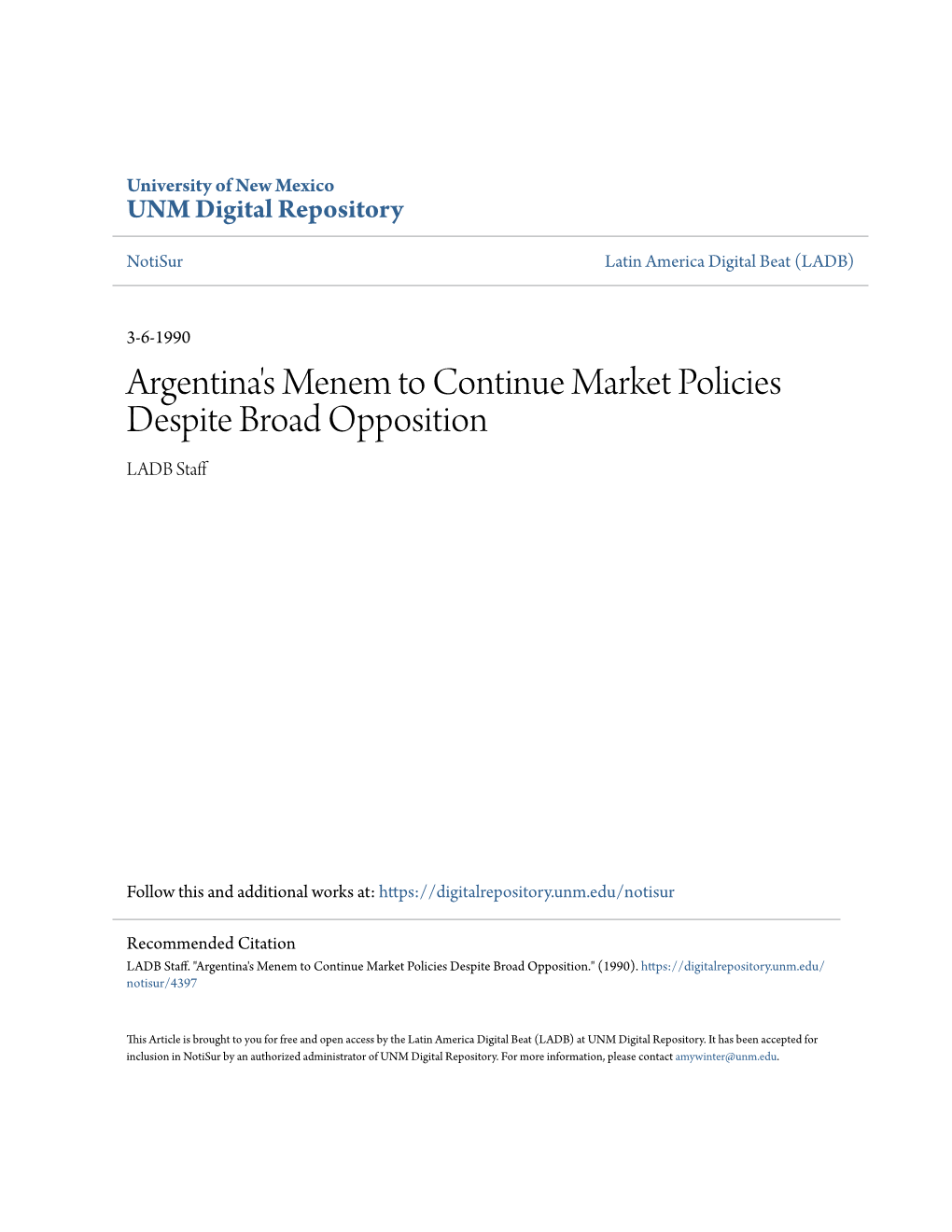 Argentina's Menem to Continue Market Policies Despite Broad Opposition LADB Staff