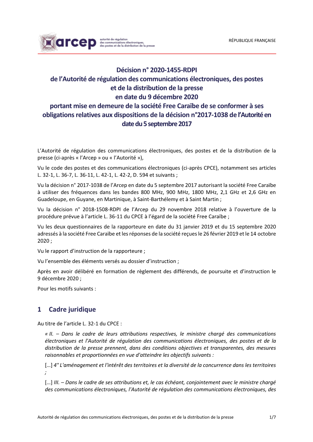 Décision N° 2020-1455-RDPI De L'autorité De Régulation Des