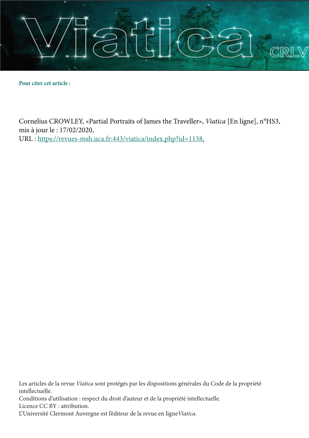 Cornelius CROWLEY, «Partial Portraits of James the Traveller», Viatica [En Ligne], N°HS3, Mis À Jour Le : 17/02/2020, URL
