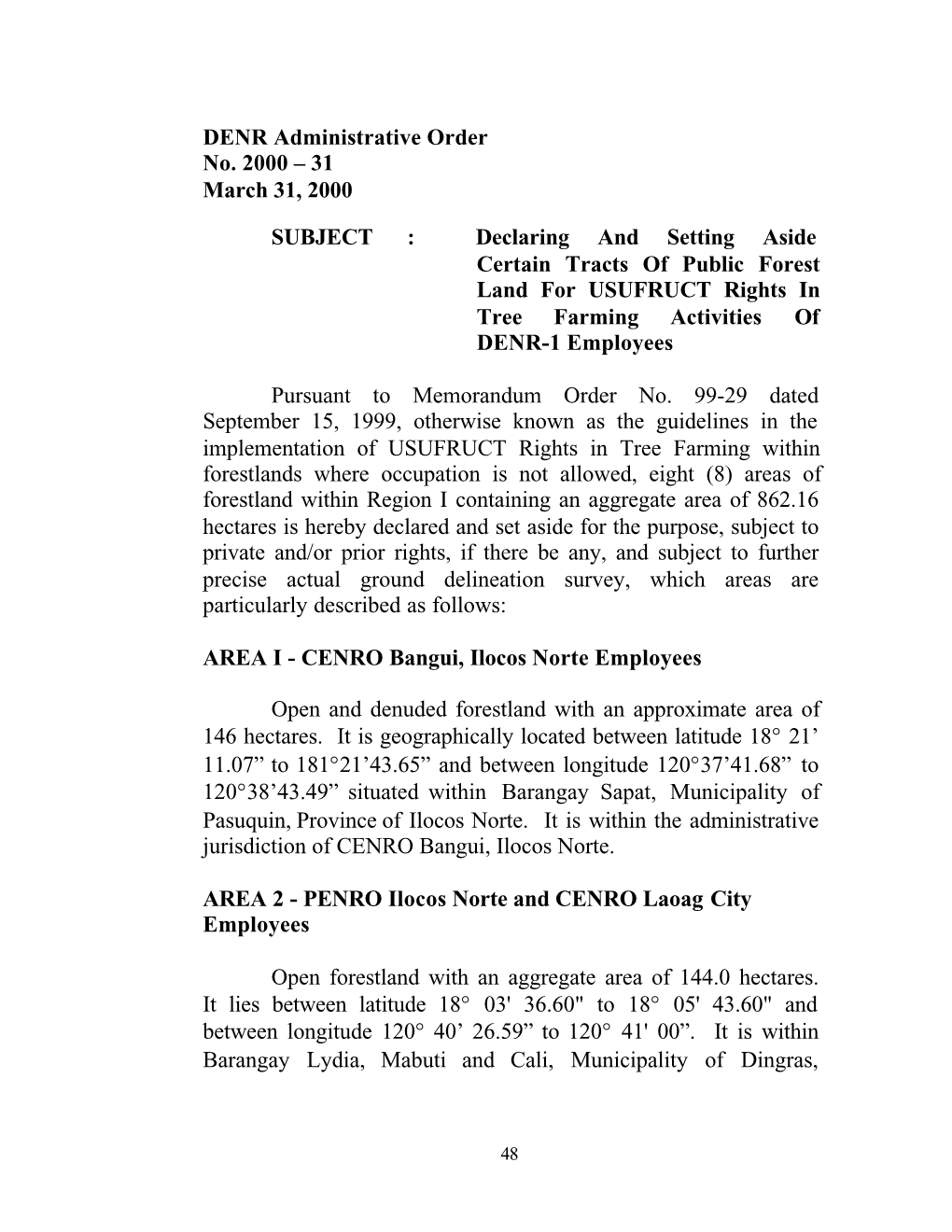 DENR Administrative Order No. 2000 – 31 March 31, 2000 SUBJECT