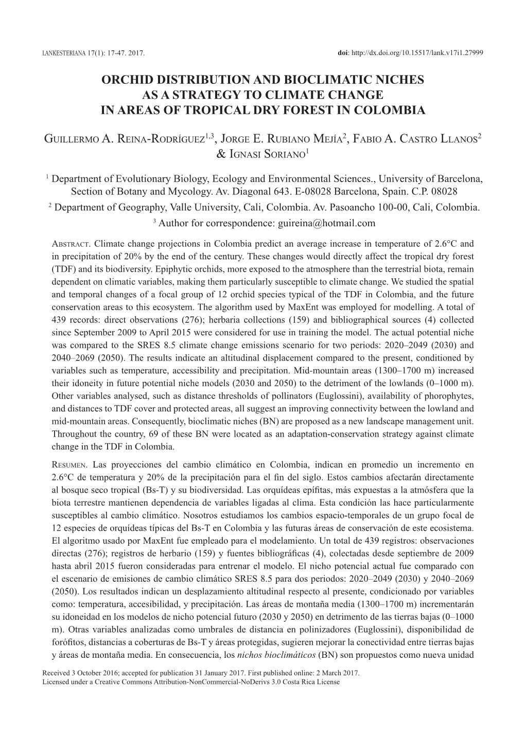 Orchid Distribution and Bioclimatic Niches As a Strategy to Climate Change in Areas of Tropical Dry Forest in Colombia